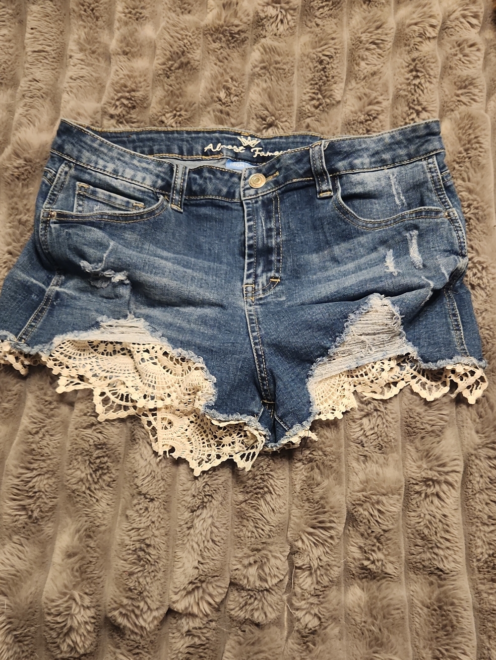 Blue Denim Shorts with Cream Crochet Trim